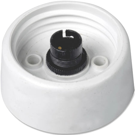 White 6-inch PVC electrical light fixture mounting base with a black central bulb holder on a plain background.