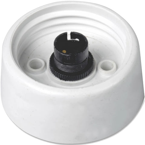 White 6-inch PVC electrical light fixture mounting base with a black central bulb holder on a plain background.