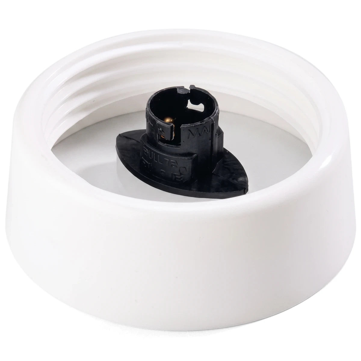 White 8-inch PVC light fixture component with a black internal electrical element, seen from a top-down angle.