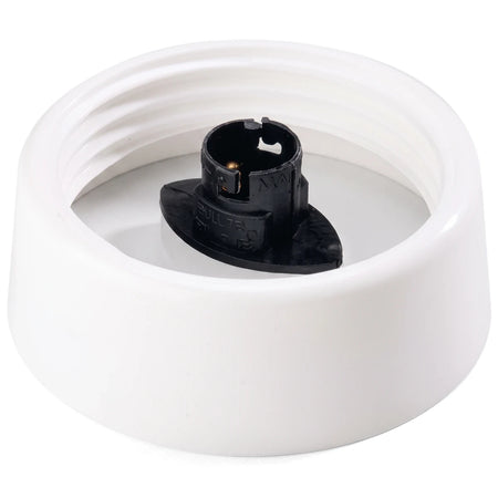 White 8-inch PVC light fixture component with a black internal electrical element, seen from a top-down angle.