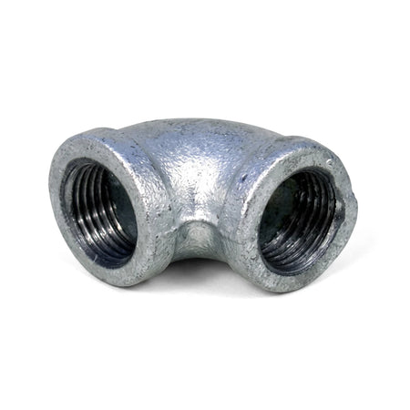 Galvanised elbow pipe fitting with female threaded ends, 90-degree angle for galvanized steel plumbing applications