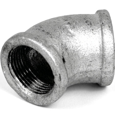 Galvanized 1/2-inch 45-degree female x female elbow pipe fitting, made of durable metal, shown in a close-up.