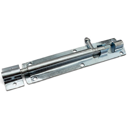 Galvanized 100mm straight barrel bolt, a metallic piece of door hardware, shown at an angle on a white background.