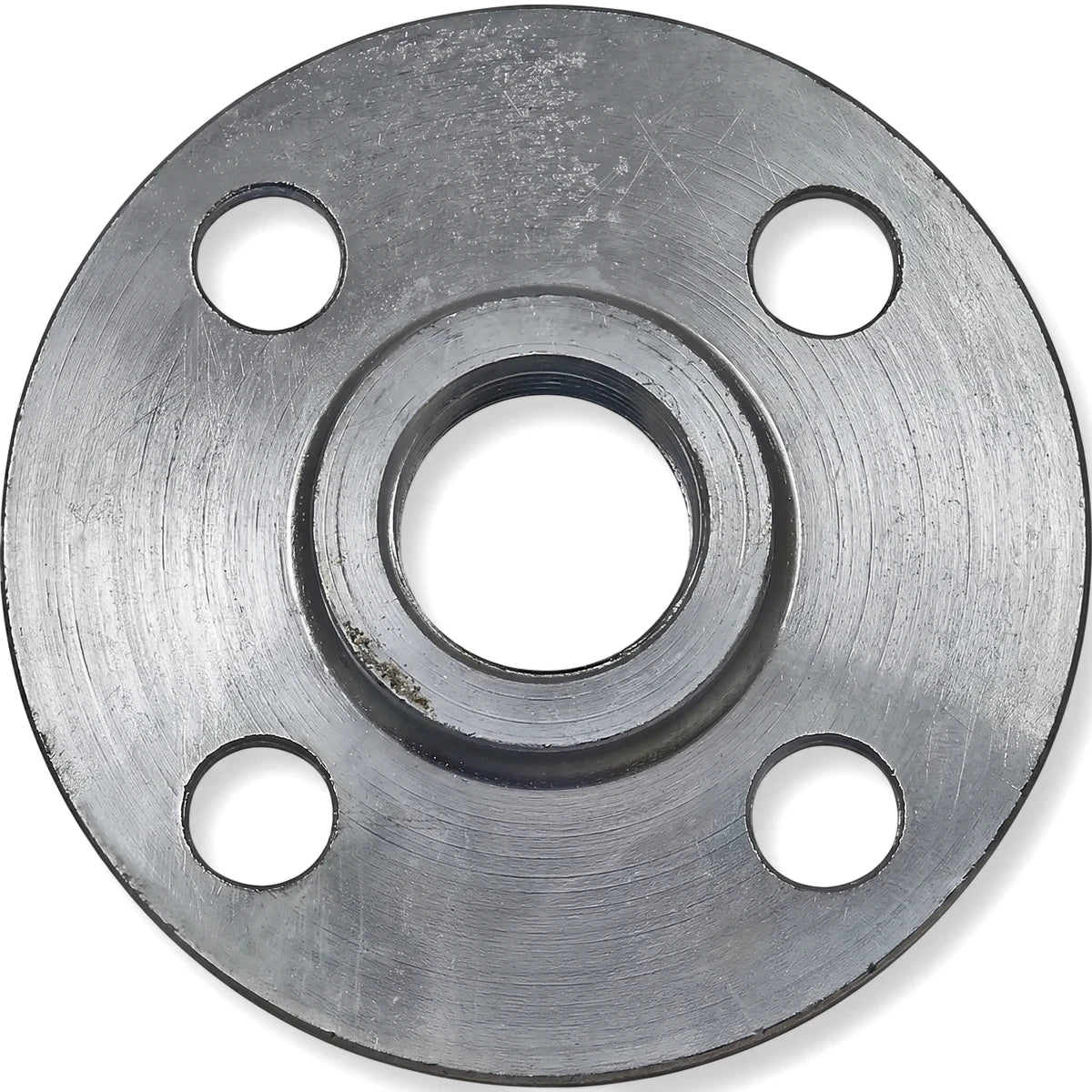 Front view of a silver galvanized 25mm threaded flange, featuring a central threaded opening and four bolt holes.