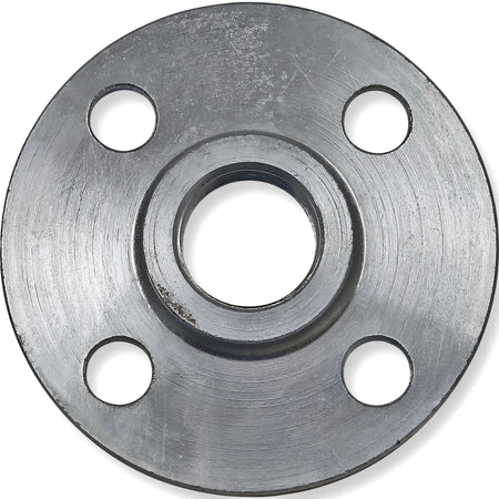 Front view of a silver galvanized 25mm threaded flange, featuring a central threaded opening and four bolt holes.