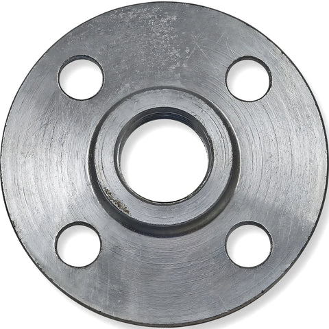 Front view of a silver galvanized 25mm threaded flange, featuring a central threaded opening and four bolt holes.