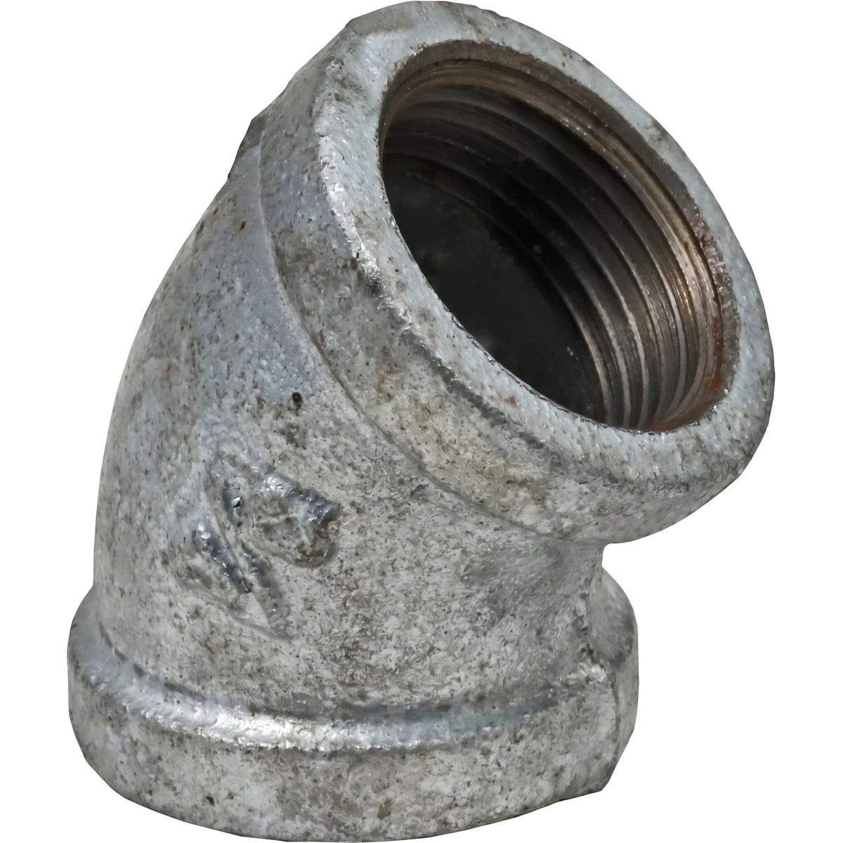 3/4 inch galvanized 45-degree female x female elbow pipe fitting, made of durable silver-toned metal for plumbing