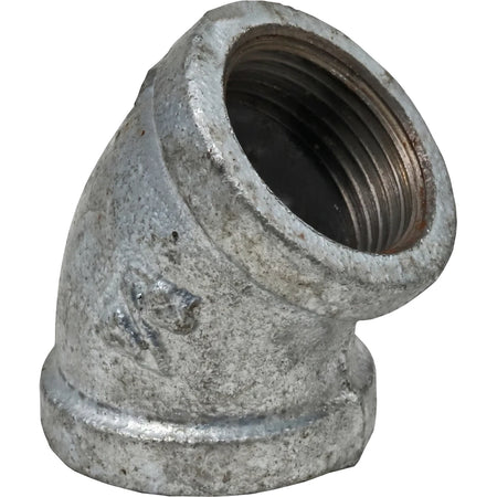 3/4 inch galvanized 45-degree female x female elbow pipe fitting, made of durable silver-toned metal for plumbing