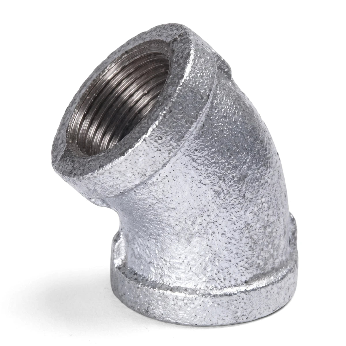 Galvanized 45-degree elbow pipe fitting showing its threaded interior, for plumbing and industrial use.