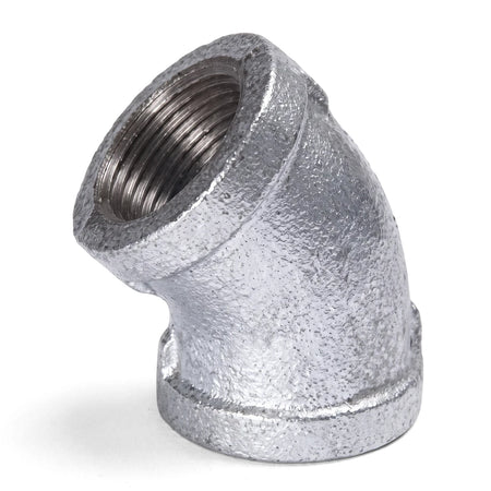 Galvanized 45-degree elbow pipe fitting showing its threaded interior, for plumbing and industrial use.