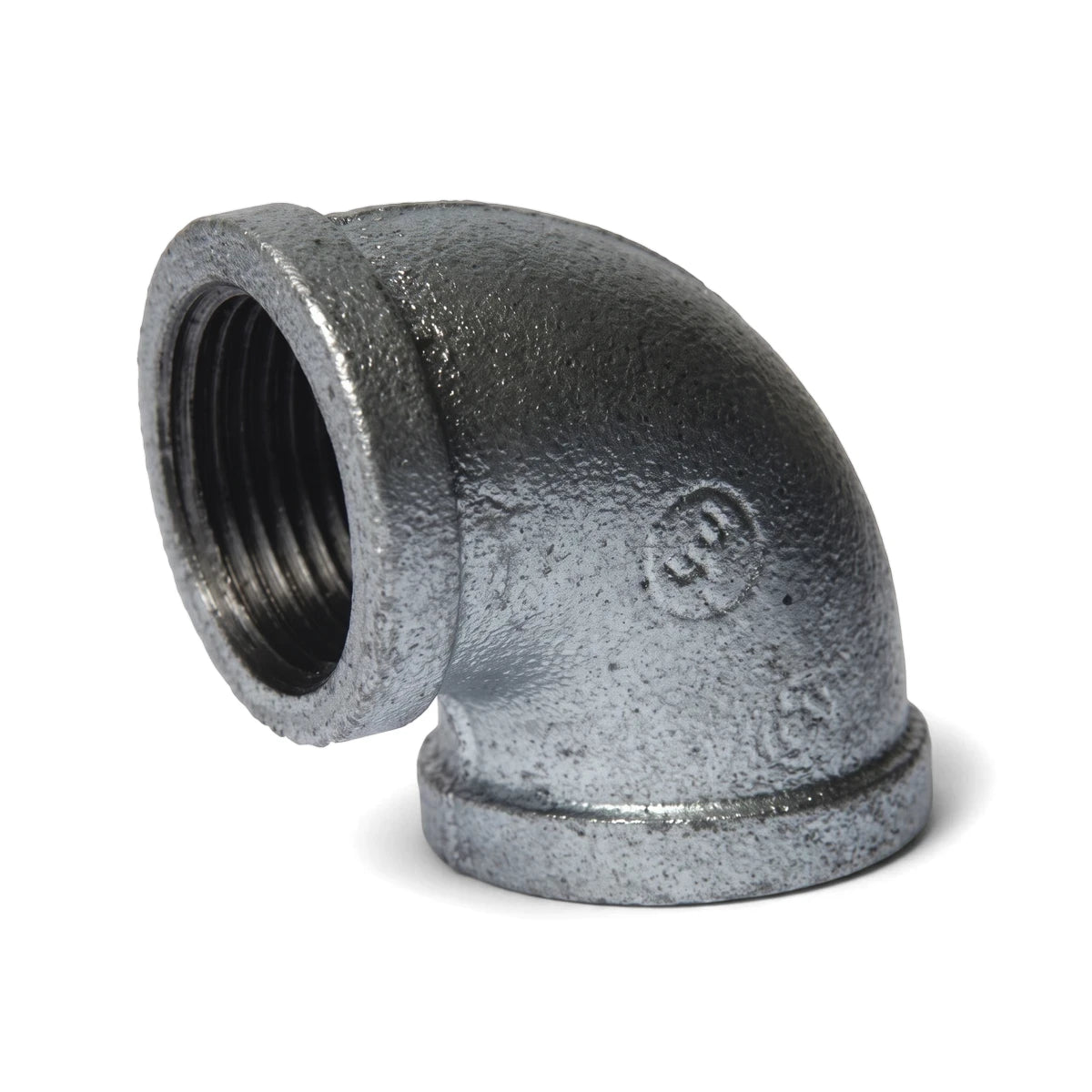 Galvanized 50mm 90-degree elbow pipe fitting made of metal, featuring internal threading, on a white background.