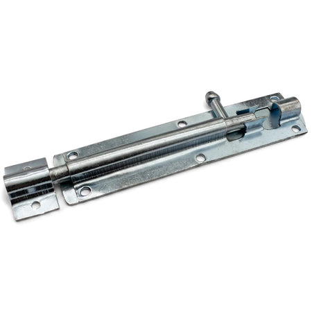A single galvanized 75mm straight barrel bolt is displayed, featuring a metallic finish and a sturdy slide lock mechanism