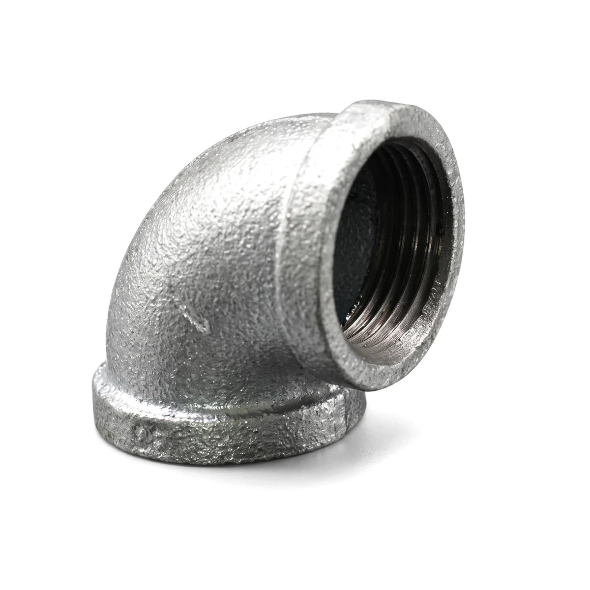 Galvanized 90-degree elbow pipe fitting made of silver-colored metal with internal threading visible, shown from an angled