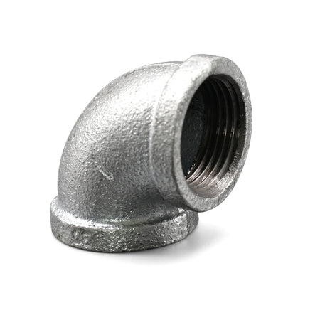 Galvanized 90-degree elbow pipe fitting made of silver-colored metal with internal threading visible, shown from an angled