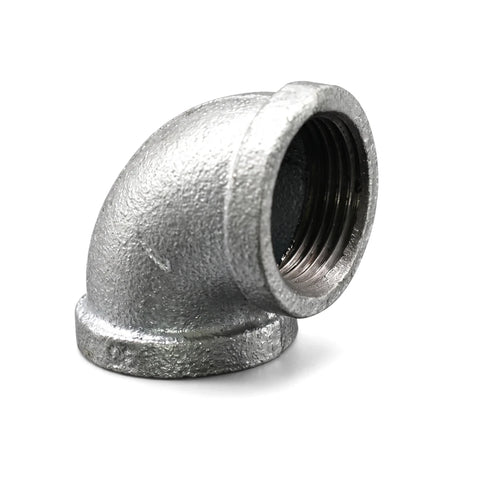 Galvanized 90-degree elbow pipe fitting made of silver-colored metal with internal threading visible, shown from an angled