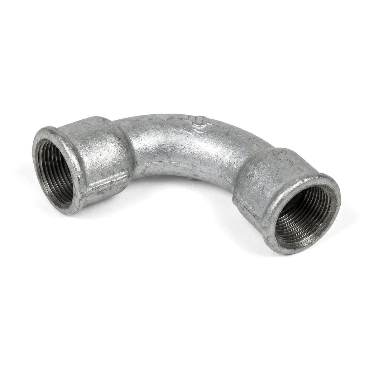 Galvanized 90-Degree Female X Female Bend, 1/2 inch, a silver metallic plumbing pipe fitting with internal threading.