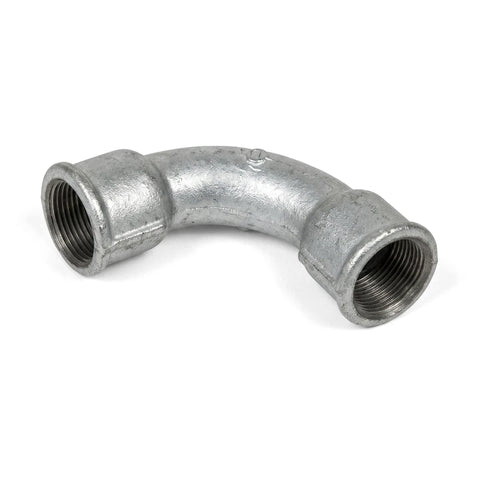 Galvanized 90-Degree Female X Female Bend, 1/2 inch, a silver metallic plumbing pipe fitting with internal threading.