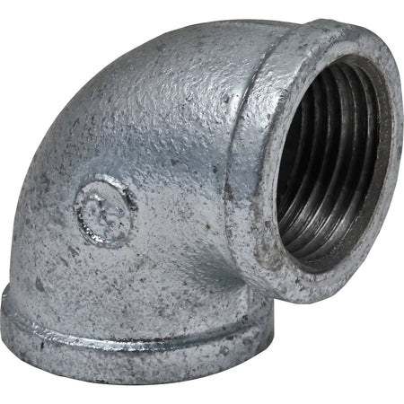 Galvanized 90-degree female x female elbow, 1-inch, gray metal pipe fitting with internal threads for plumbing connections.