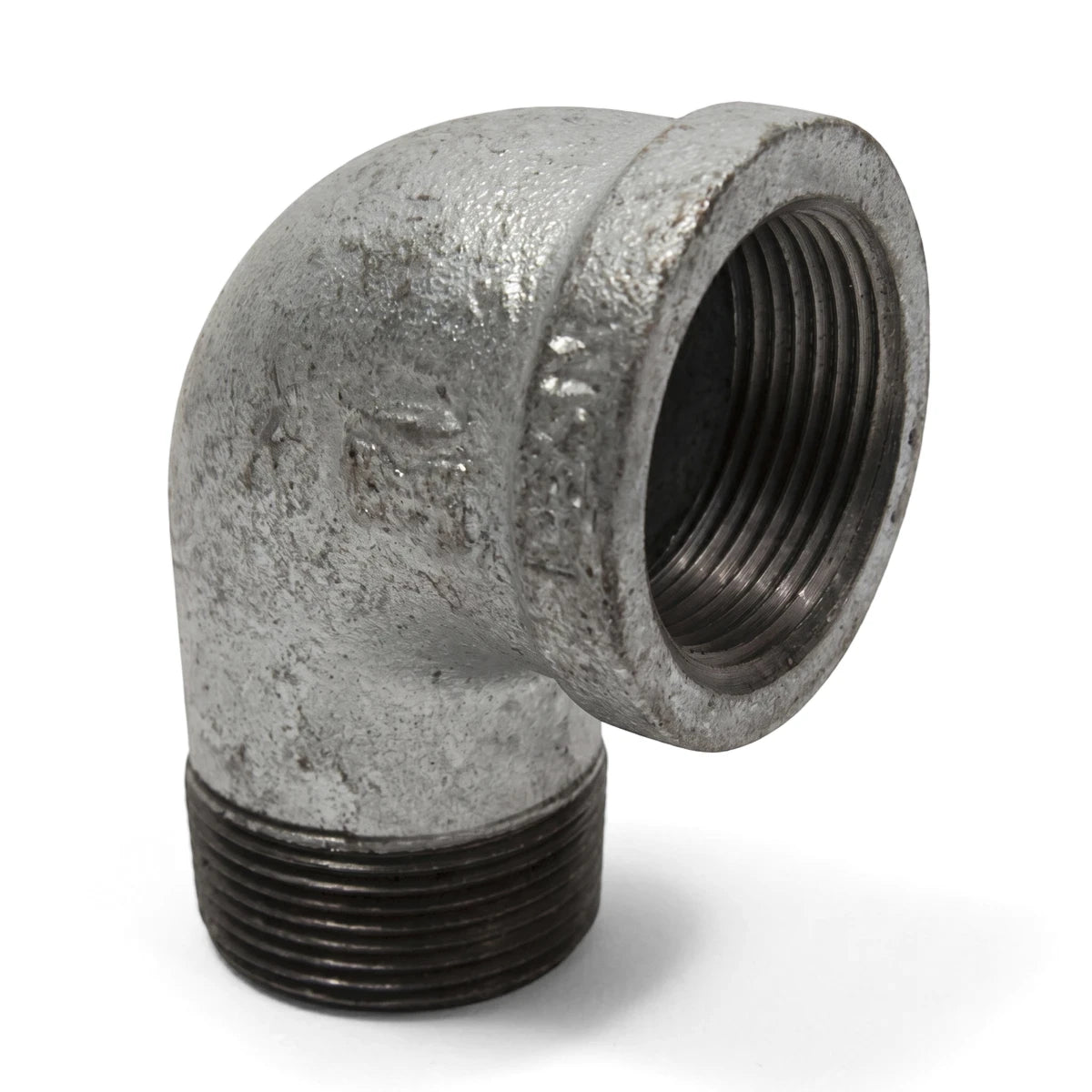 Galvanized 90-degree male x female elbow in 1/2-inch size, featuring durable threaded ends for plumbing and piping