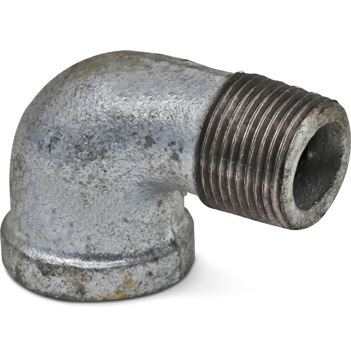 Galvanized 90-degree male x female elbow pipe fitting, commonly used for plumbing applications, shown with threaded end.