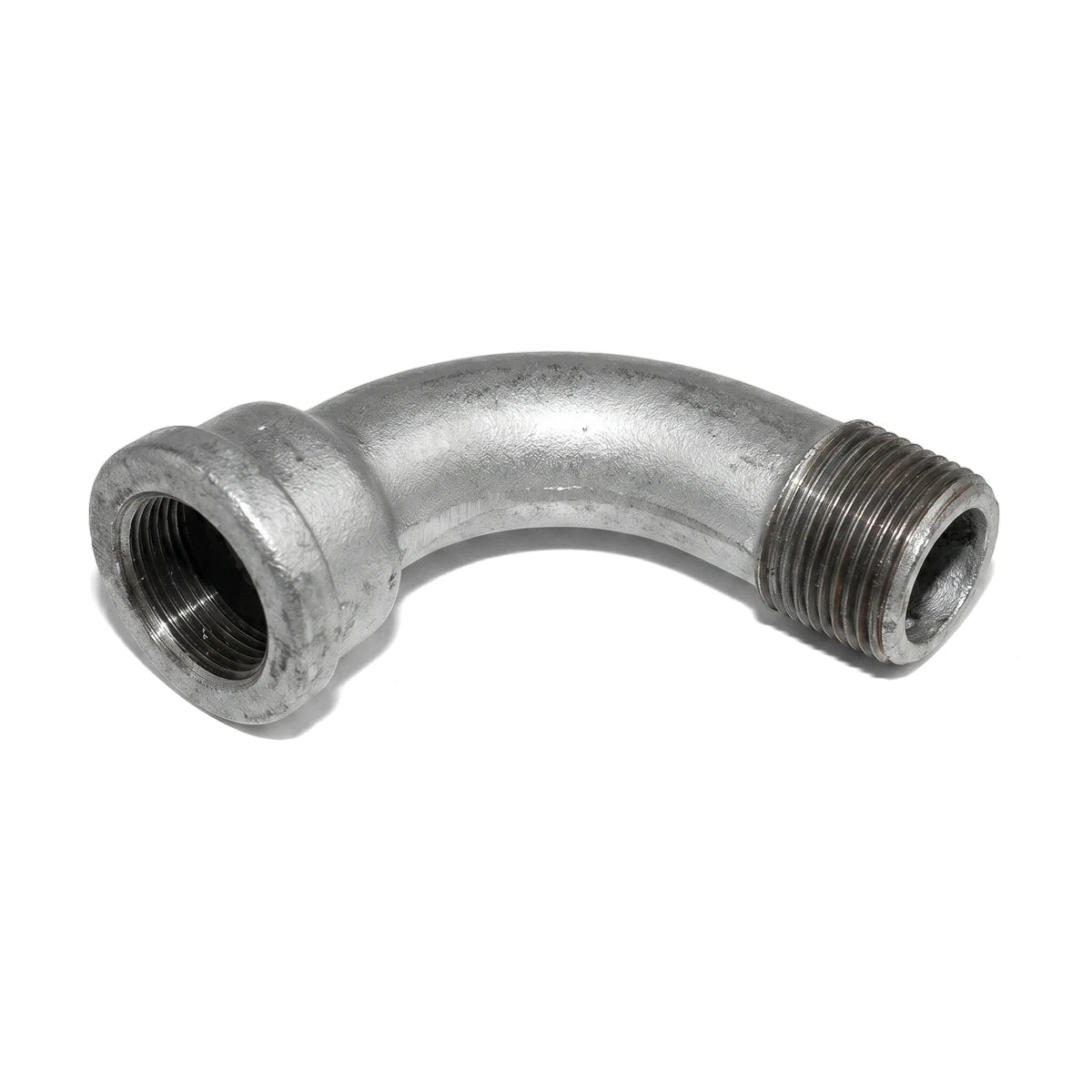 1/2 inch Galvanized 90-Degree Male X Female pipe bend fitting with threaded ends for plumbing and industrial use.