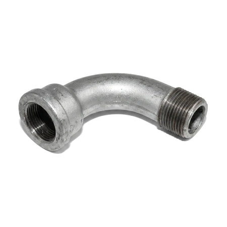 1/2 inch Galvanized 90-Degree Male X Female pipe bend fitting with threaded ends for plumbing and industrial use.