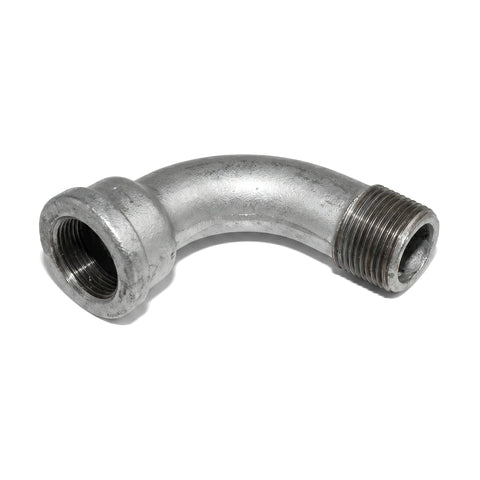 1/2 inch Galvanized 90-Degree Male X Female pipe bend fitting with threaded ends for plumbing and industrial use.