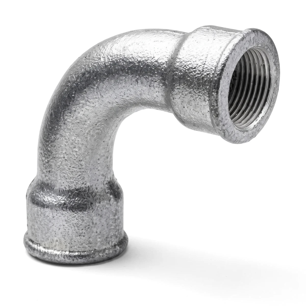 Galvanized 90-degree pipe bend fitting with female threaded connections, used in plumbing and industrial applications.