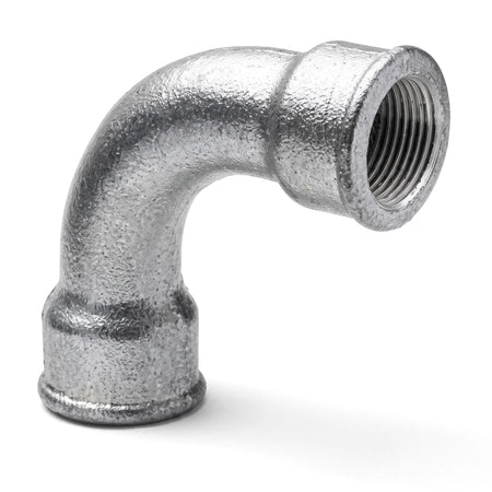 Galvanized 90-degree pipe bend fitting with female threaded connections, used in plumbing and industrial applications.