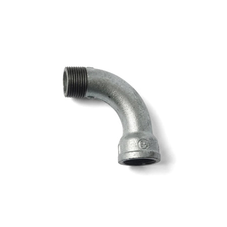 Galvanized 90-degree pipe bend with male threaded and female socket ends, for plumbing or electrical conduit.