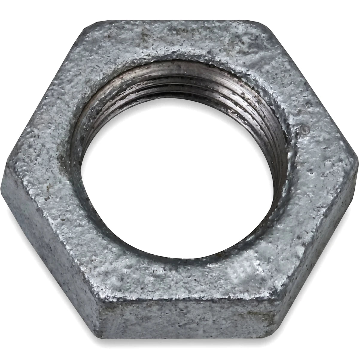 Close-up of a single 1/2-inch galvanized backnut, featuring a hexagonal shape and internal threading for secure fastening.
