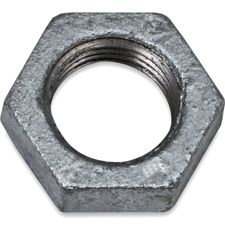 Close-up of a single 1/2-inch galvanized backnut, featuring a hexagonal shape and internal threading for secure fastening.