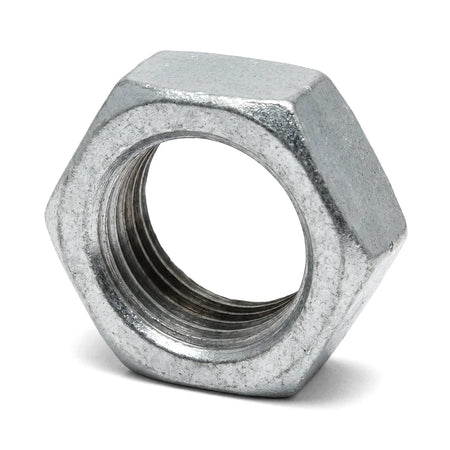 Galvanized backnut, 3/4 inch, with internal threading and a metallic gray finish, viewed at an angle.