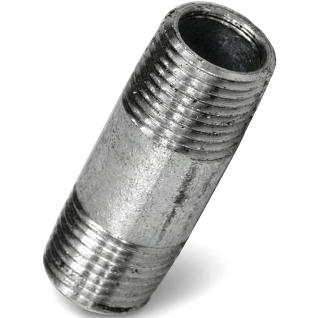 Close-up of a metallic galvanized barrel nipple, 1/2 inch by 51mm, showing its threaded ends for plumbing connections.