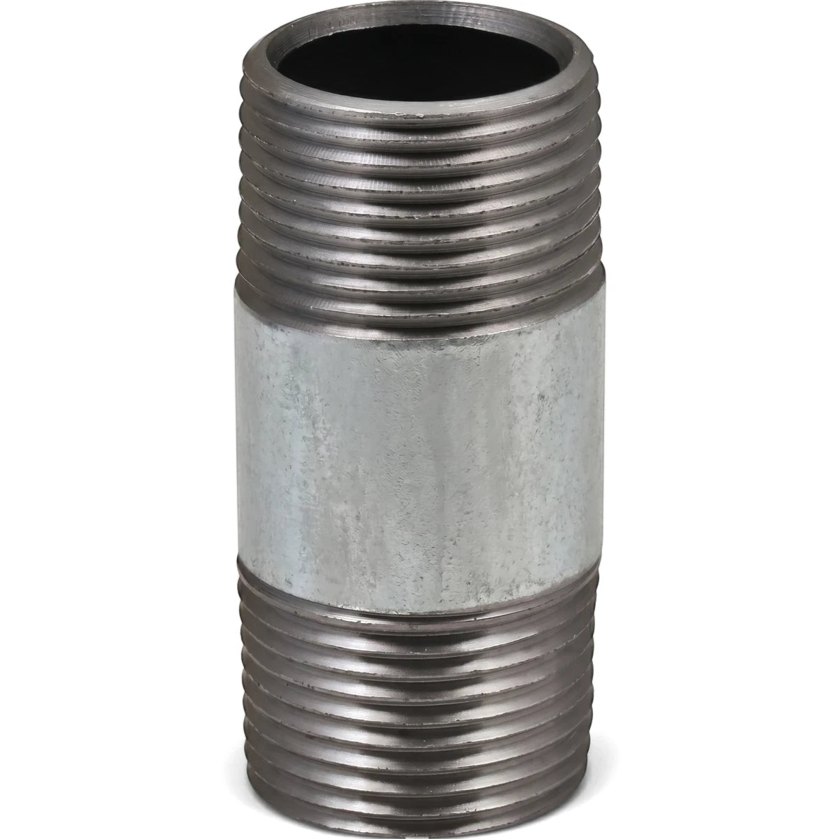 Galvanized barrel nipple, 3/4 inch by 54mm, featuring threaded ends and a durable gray metal finish for plumbing