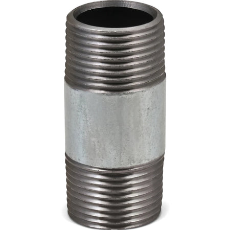 Galvanized barrel nipple, 3/4 inch by 54mm, featuring threaded ends and a durable gray metal finish for plumbing