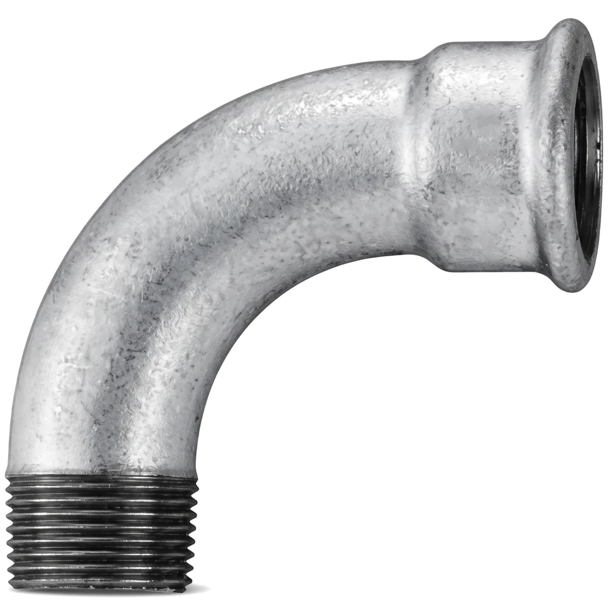 Galvanized metal 90-degree bend pipe fitting with a male threaded end and a female press-fit connection, silver.