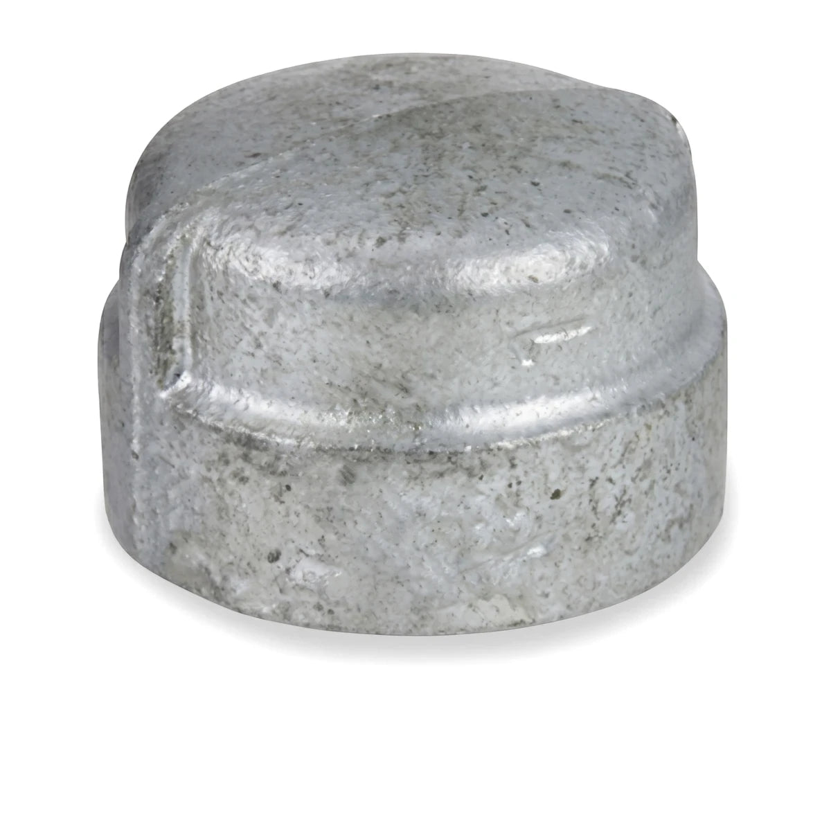 3/4 inch galvanized cap, presented from a slightly elevated view, showcasing its durable silver-grey metallic finish.