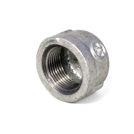 Round 15mm galvanized metal cap with a threaded interior, used as a pipe fitting, shown from a slightly angled perspective.