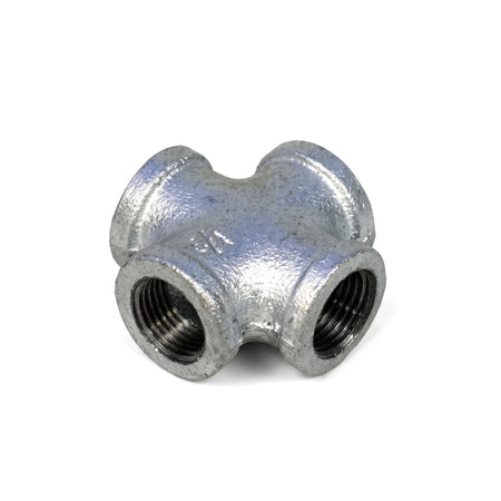 3/4 inch galvanized cross pipe fitting for plumbing, featuring four threaded connections and a durable metal construction.