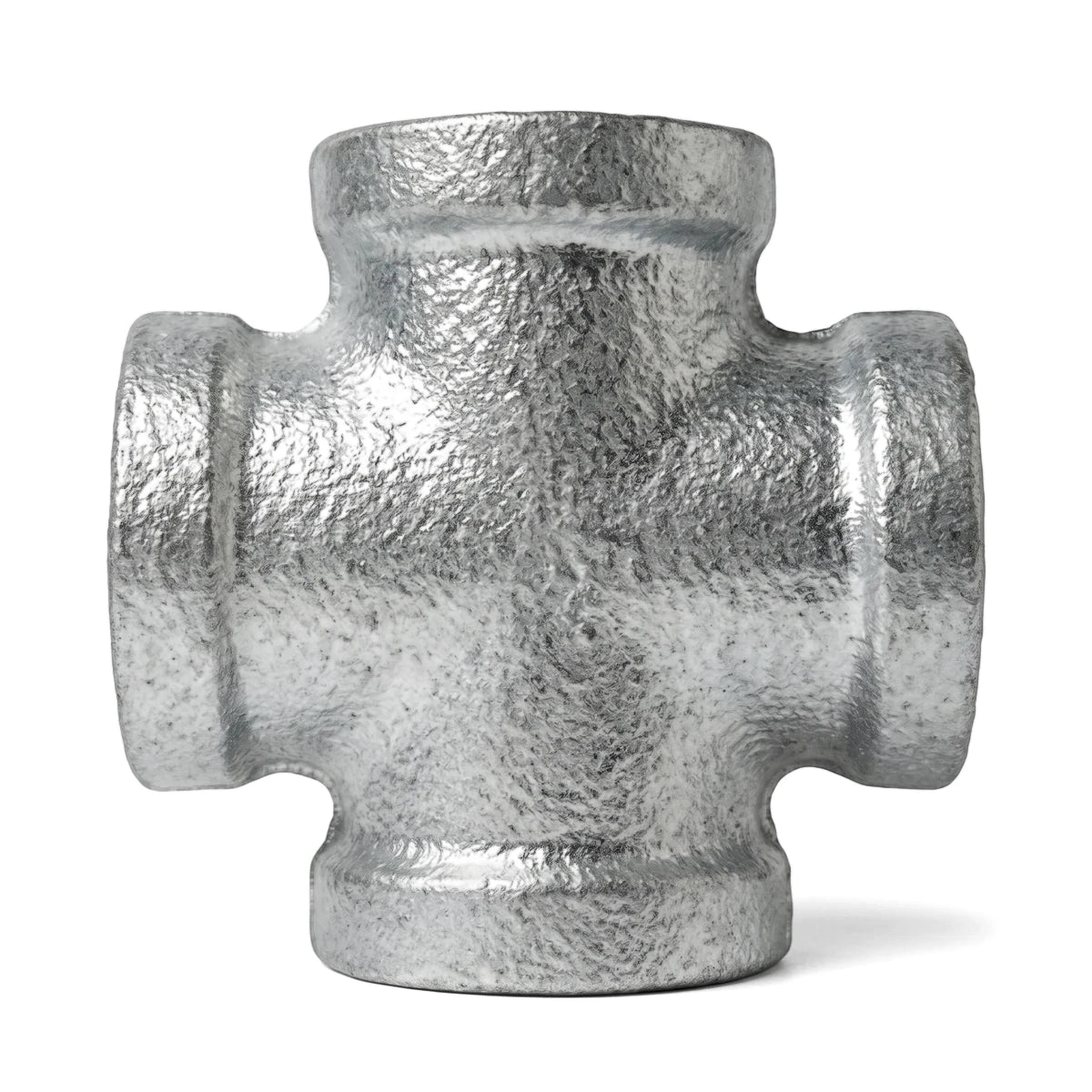 Close-up of a silver 1/2-inch galvanized cross pipe fitting, featuring a durable metallic finish and four threaded openings.