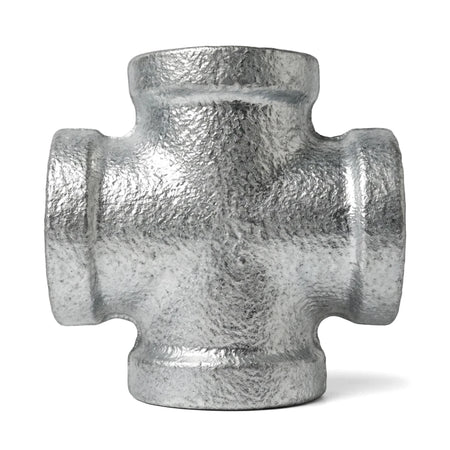 Close-up of a silver 1/2-inch galvanized cross pipe fitting, featuring a durable metallic finish and four threaded openings.