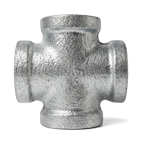 Close-up of a silver 1/2-inch galvanized cross pipe fitting, featuring a durable metallic finish and four threaded openings.