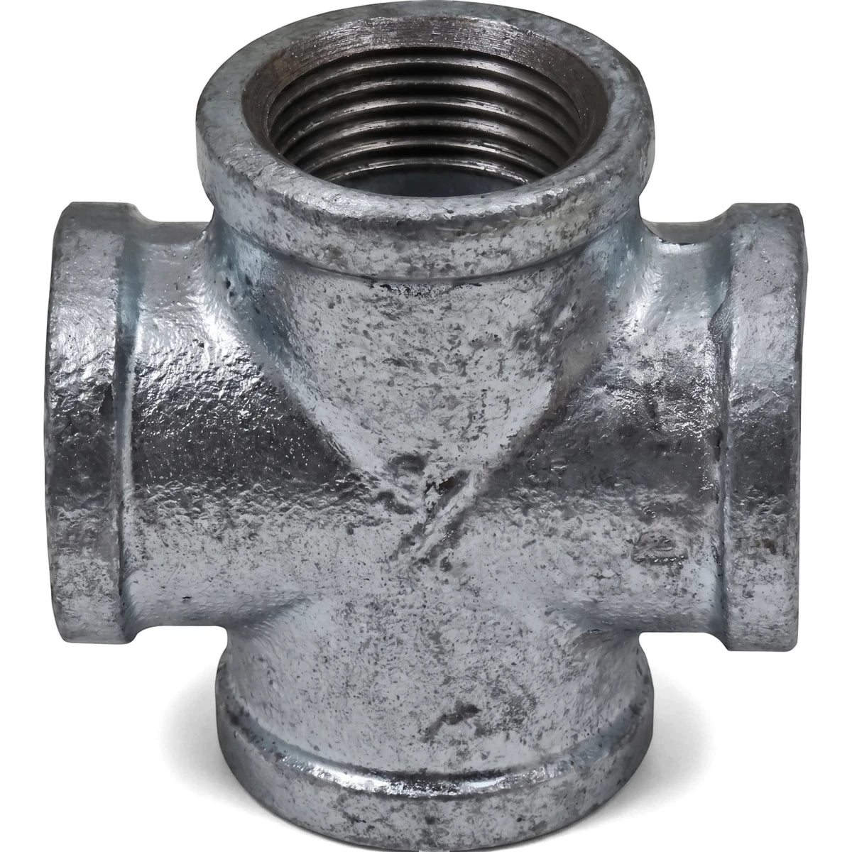 Galvanized cross pipe fitting with four threaded openings, gray metallic finish, for plumbing applications.