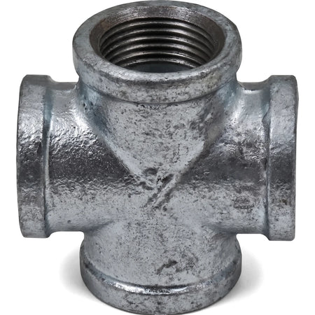 Galvanized cross pipe fitting with four threaded openings, gray metallic finish, for plumbing applications.