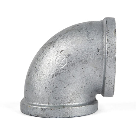 A silver galvanized 90-degree elbow pipe fitting, 40mm in size, industrial hardware, shown from a slightly elevated side