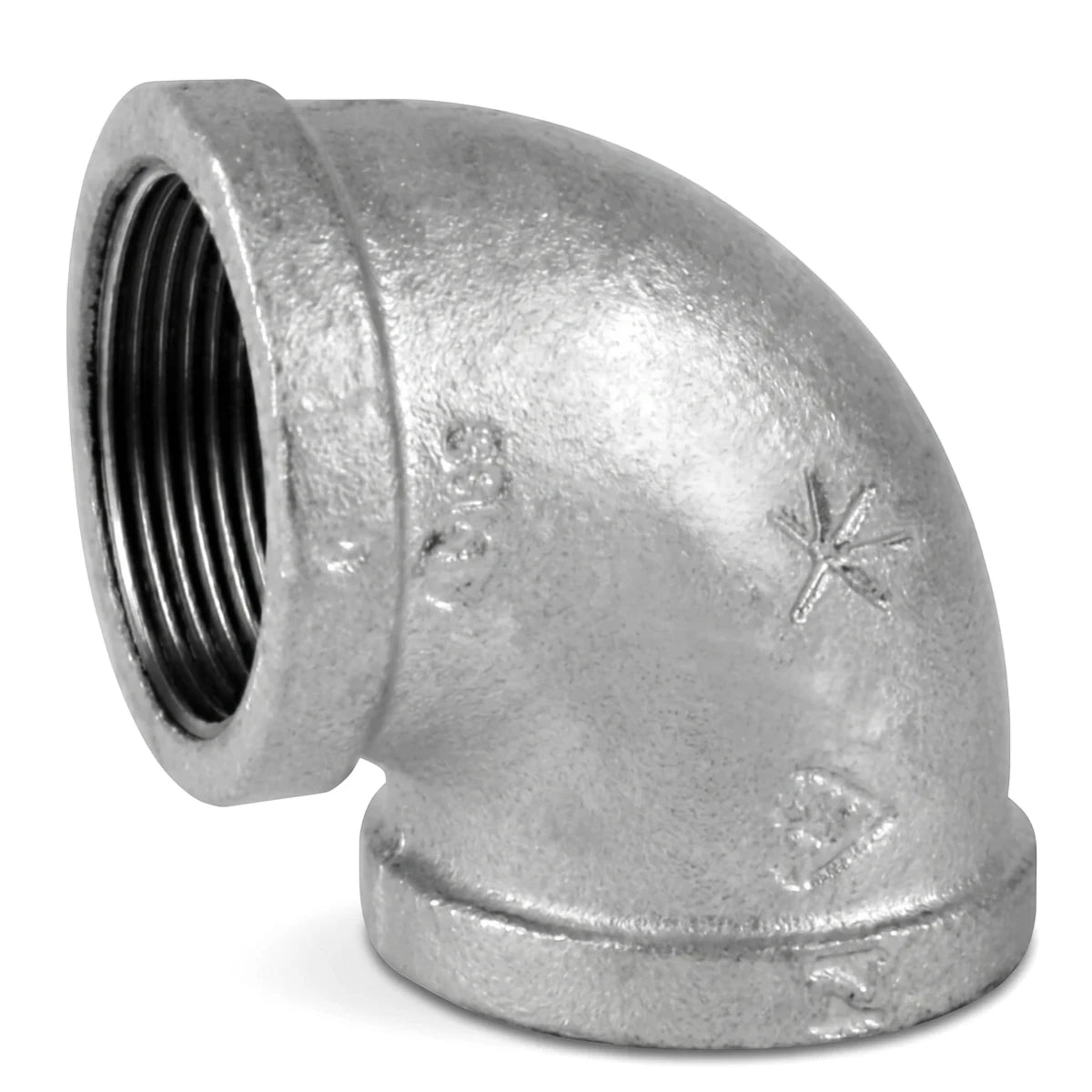 A silver galvanized elbow pipe fitting, 32mm, with threaded ends and a 90-degree bend, shown from a slightly elevated angle.
