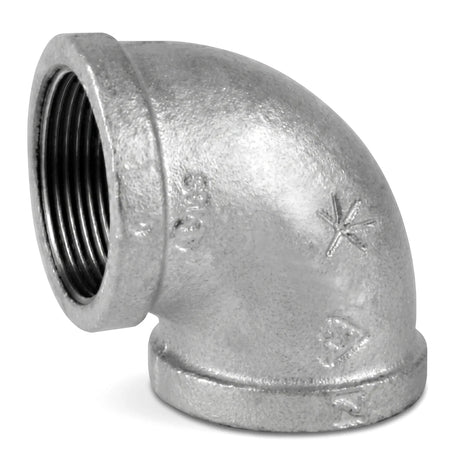 A silver galvanized elbow pipe fitting, 32mm, with threaded ends and a 90-degree bend, shown from a slightly elevated angle.