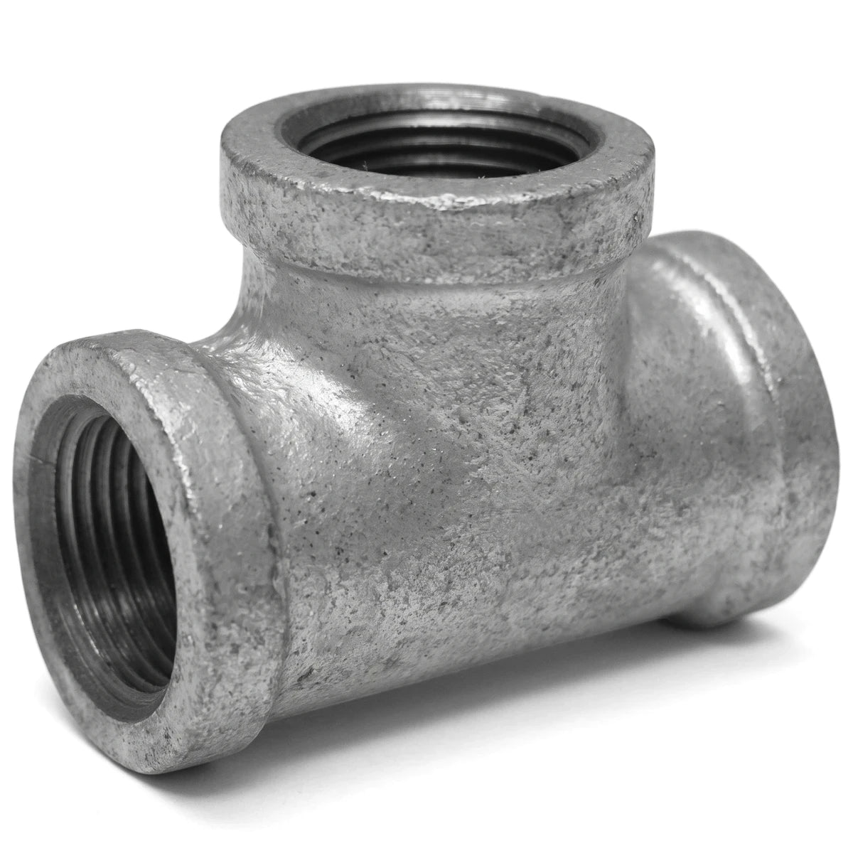 Metallic galvanized equal tee pipe fitting, threaded on all three ends for plumbing and industrial applications, shown on a