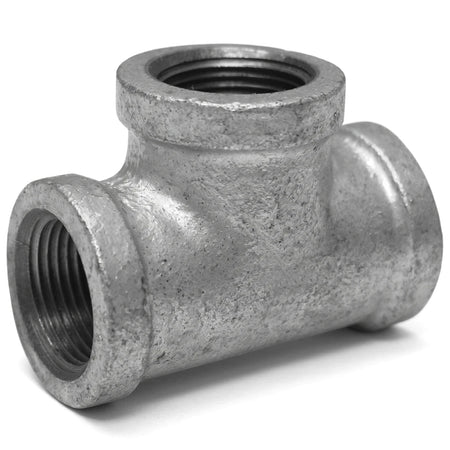 Metallic galvanized equal tee pipe fitting, threaded on all three ends for plumbing and industrial applications, shown on a